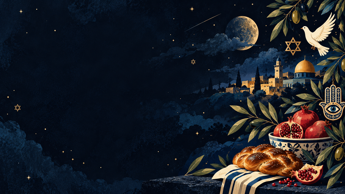 Mazeltopia Jewish lifestyle hero illustration with Jerusalem, challah, pomegranates and celestial motifs